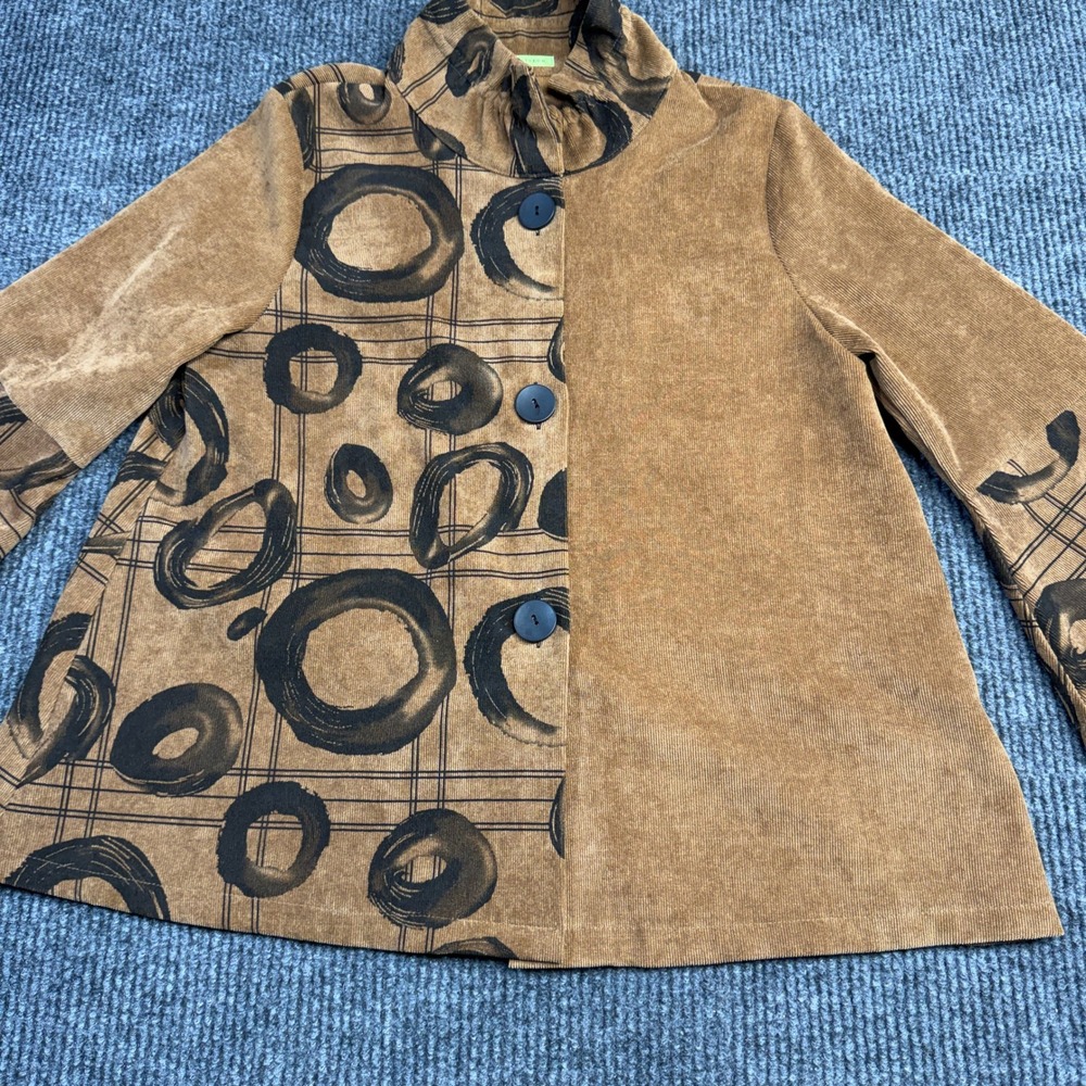 Trisha Tyler Women LARGE Corduroy Jacket Brown Abstract Circle Print Bell Sleeve - Picture 11 of 12